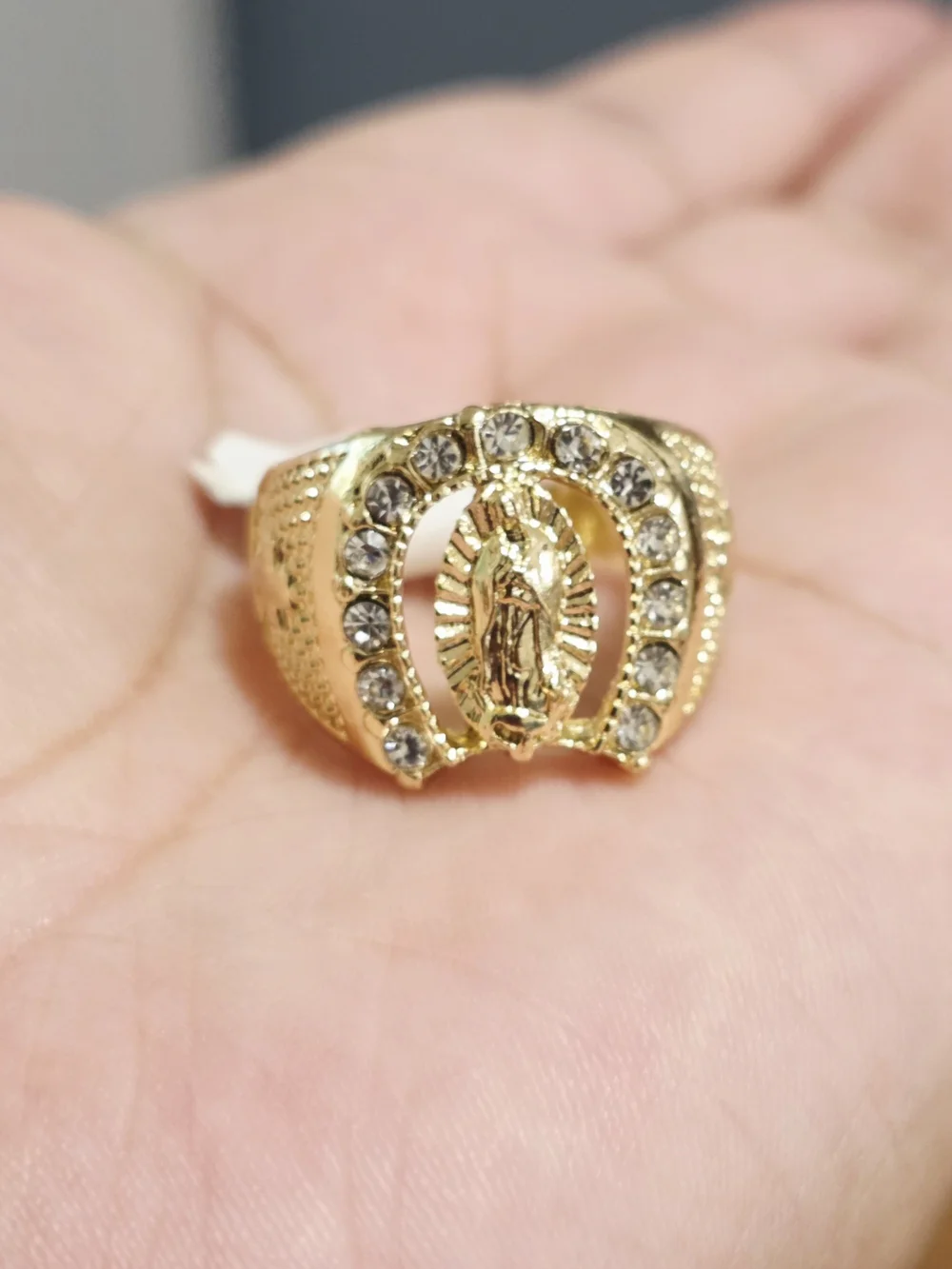 Gold-Tone Virgin Mary Ring with Clear Crystal Accents